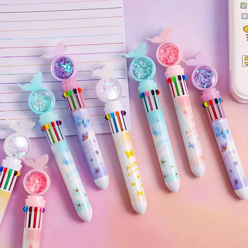 قلم الفراشة متعدد الألوان  Butterfly Ballpoint Pen Student Sequin Press Pen